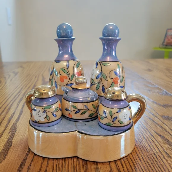 Vintage Lusterware Hand Painted Made in Japan Condiment Tray ~TT 5-piece S&P V&O - Picture 2 of 16